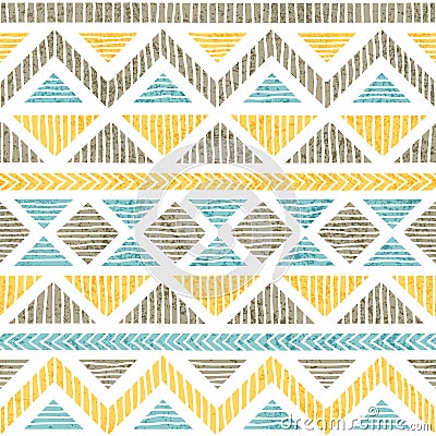 Seamless vintage pattern. Ethnic and tribal motifs. Grunge texture. Gray, blue and yellow geometric elements on a white Vector Illustration