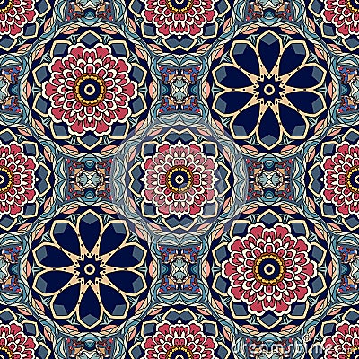 Seamless vintage pattern with flowers mandalas and stylized leaves. Thai, indian motives. Vector Illustration