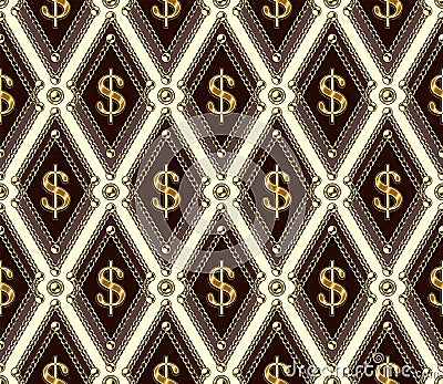 Seamless vintage pattern with gold dollar sign, chains, beads. Geometric rhombus grid. Classic background Vector Illustration