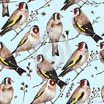 Seamless vintage pattern with goldfinch birds sitting on dry branches. Watercolor painting Stock Photo