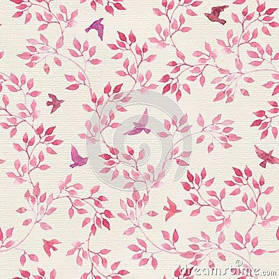 Seamless vintage pattern with hand painted pink leaves, birds. Watercolor girly or feminine design Stock Photo