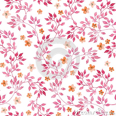 Seamless vintage pattern with hand painted pink leaves and ditsy small flowers. Watercolor Stock Photo