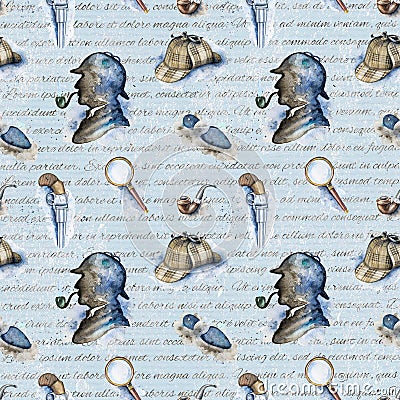 Watercolor seamless pattern with Sherlock Holmes objects Cartoon Illustration