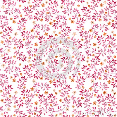 Seamless vintage pattern with watercolor pink leaves and retro tiny flowers. Watercolour Stock Photo