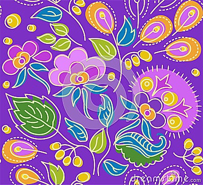 Seamless violet pattern of flowers, yellow berries and orange seeds. Vector Illustration