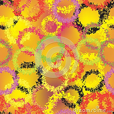 Seamless vivid pattern with grunge scribbled colorful rings on stained light backdrop Vector Illustration