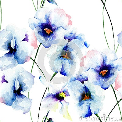 Seamless wallpaper with Blue pansy flowers Cartoon Illustration