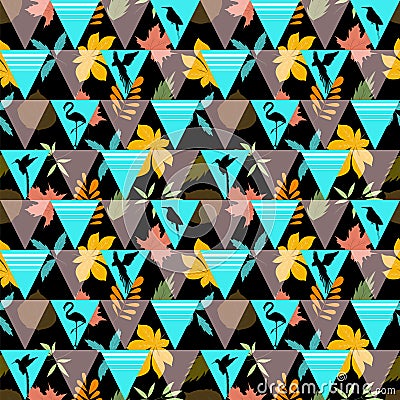 Seamless wallpaper with geometric repeating patterns, with tropical birds and different leaves Vector Illustration