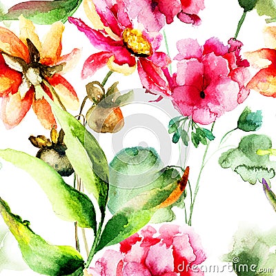 Seamless wallpaper with Geranium and Gerber flowers Cartoon Illustration
