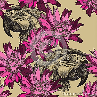 Seamless wallpaper with pink flowers and parrot, hand-drawing. V Vector Illustration