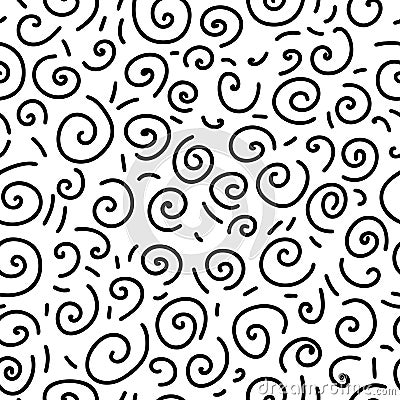 Seamless wallpaper print swatch, cute fun design with curls swirls and lines in abstract background pattern in bold black and whit Vector Illustration