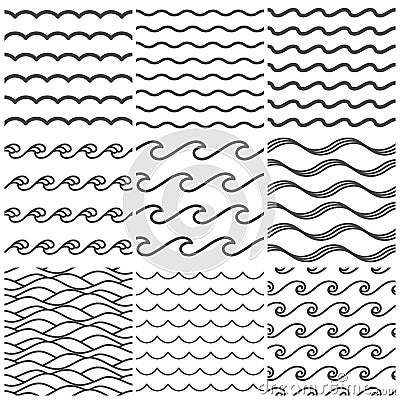 Seamless water waves pattern. Sea wave, ocean waters and wavy lake. Aqua patterns vector background collection Vector Illustration