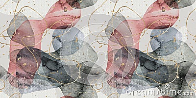 Seamless watercolor abstract organic blob shape overlay with gold lines and flecks border pattern Cartoon Illustration