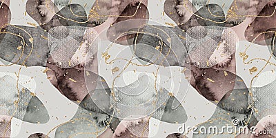 Seamless watercolor abstract organic blob shape overlay with gold lines and flecks border pattern Cartoon Illustration