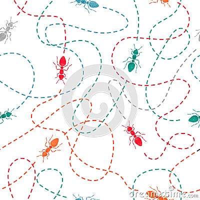 Seamless watercolor ants with traces pattern. Vector Illustration