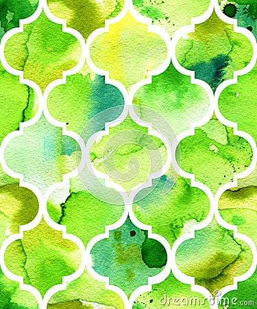 Seamless watercolor background in green. Beautiful pattern in moroccan style. Stock Photo