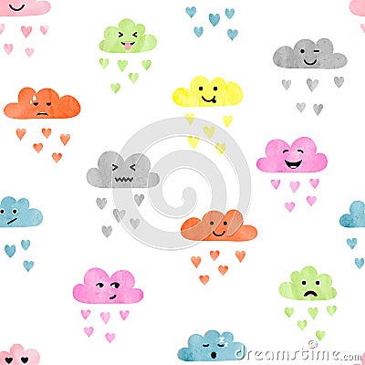 Seamless watercolor clouds pattern. Rain of colorful hearts. Vector Illustration