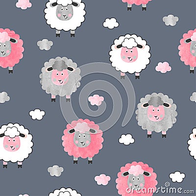 Seamless watercolor cute sheep pattern. Vector Illustration