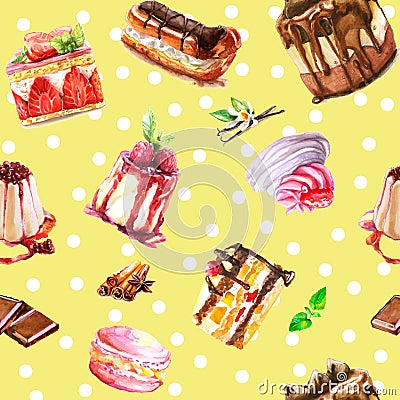 Seamless watercolor desserts Stock Photo