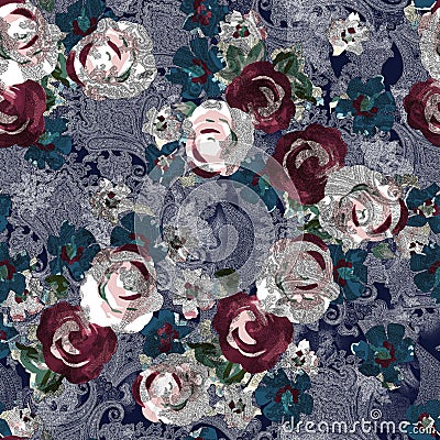 Seamless watercolor digital flower and paisley pattern Stock Photo