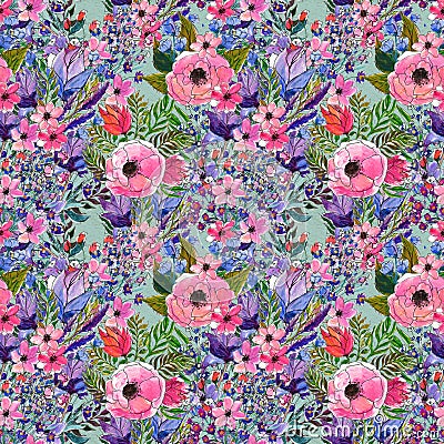 Seamless watercolor floral pattern Cartoon Illustration