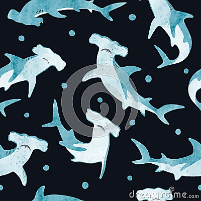 Seamless watercolor hammerhead shark pattern Vector Illustration