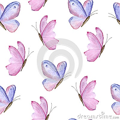 Seamless watercolor hand drawn pattern with pink purple lavender violet butterflies. Trendy wild insect background for Stock Photo