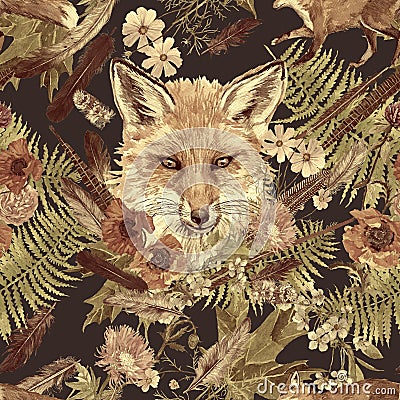 Seamless watercolor hand drawn vintage pattern with bear heads, flowers, feathers. Stock Photo
