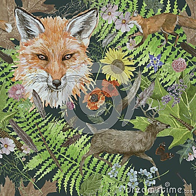 Seamless watercolor hand drawn watercolor pattern with fox head, running deer flowers, leaves, feathers. Stock Photo