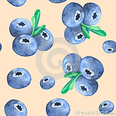 Seamless watercolor hand painted blueberries pattern on pale orange colored background. Stock Photo