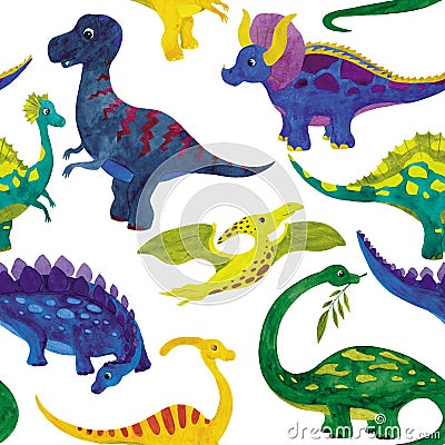 Seamless watercolor illustration of dinosaurs Cartoon Illustration