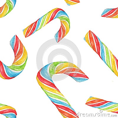 Seamless watercolor illustration of Rainbow Candy Cane. Cartoon Illustration