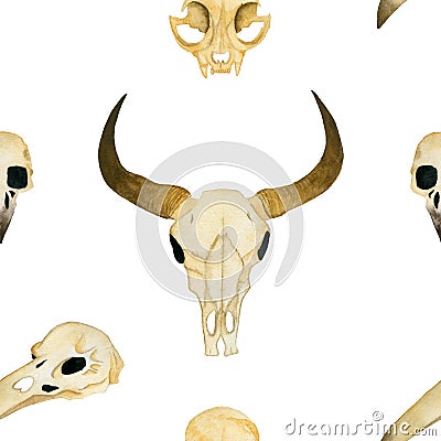 Seamless watercolor illustration. The skull of a bull, the skull of a cat, the skull of a crow Cartoon Illustration