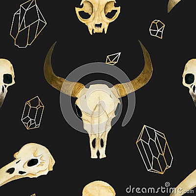 Seamless watercolor illustration. Skull of a bull, skull of a cat, skull of a crow, skull of a horse. Black Cartoon Illustration