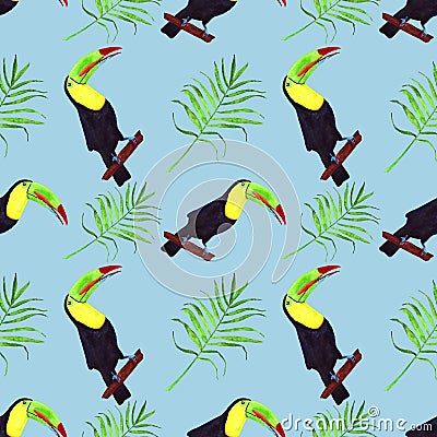 Seamless watercolor illustration of toucan bird.Tropical leaves, dense jungle. Pattern with tropic summertime motif. palm leaves. Cartoon Illustration