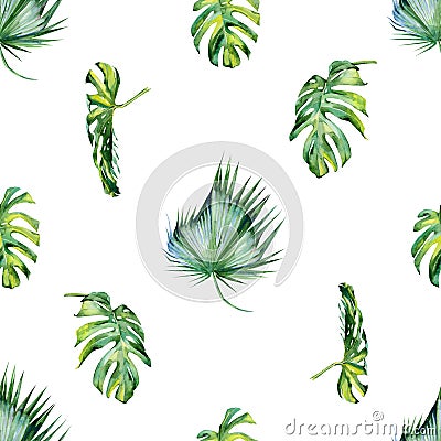 Seamless watercolor illustration of tropical leaves, dense jungle. Cartoon Illustration