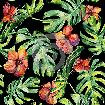 Seamless watercolor illustration of tropical leaves, dense jungle. Cartoon Illustration