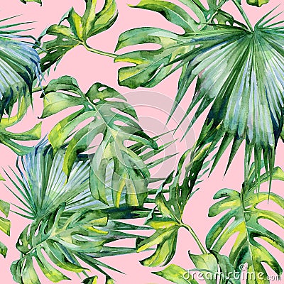 Seamless watercolor illustration of tropical leaves, dense jungle. Cartoon Illustration