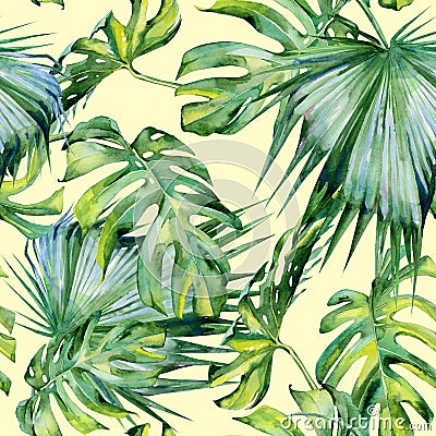 Seamless watercolor illustration of tropical leaves, dense jungle. Cartoon Illustration