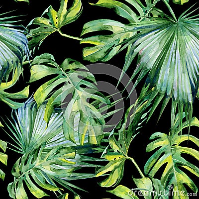 Seamless watercolor illustration of tropical leaves, dense jungle. Cartoon Illustration