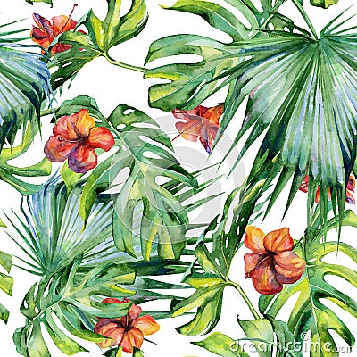 Seamless watercolor illustration of tropical leaves, dense jungle. Cartoon Illustration