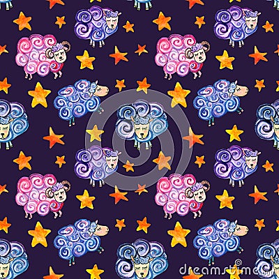 Seamless watercolor patten with fairy sheep and stars on a purple background Stock Photo