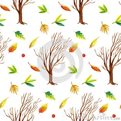 A seamless watercolor pattern, autumn trees and leaves. Stock Photo