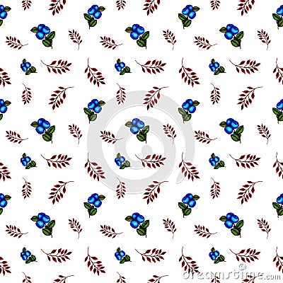 Watercolor seamless pattern with forest berries blueberry and red leaves. Print for textile, fabric, wrapping paper, web design Stock Photo