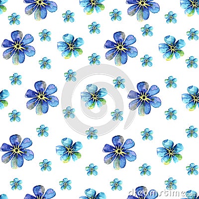 Seamless Watercolor pattern with blue forget-me-nots flowers on a white background Cartoon Illustration