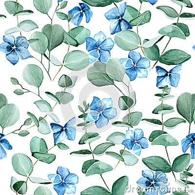 Seamless watercolor pattern of blue hydrangea flowers and eucalyptus leaves on a white background. Vintage background for wallpape Stock Photo