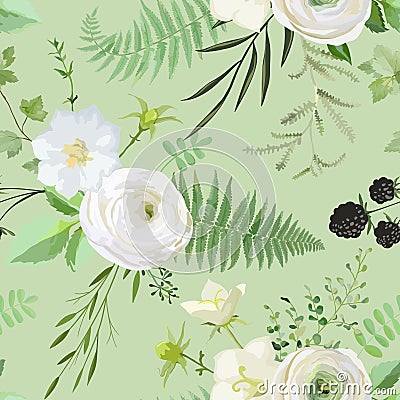 Seamless watercolor pattern with bouquets of white flowers, berries, green leaves. Summer and spring rustic plant background Vector Illustration