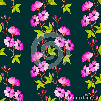 Seamless watercolor pattern of branches of apple, sakura with leaves and flowers. Stock Photo