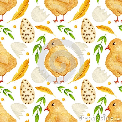 Seamless watercolor pattern, bright chicken, Easter eggs, feather, green leaf on a white background. Stock Photo
