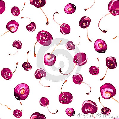 Seamless watercolor pattern with bright pinc cherries Stock Photo